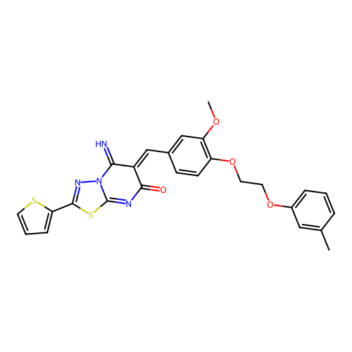 (6Z)-5-imino-6-[[3-methoxy-4-[2-(3-methylphenoxy)ethoxy]phenyl]methylidene]-2-thiophen-2-yl-[1,3,4]thiadiazolo[3,2-a]pyrimidin-7-one structure