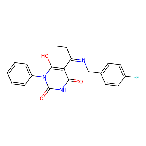 5-[1-[(4-fluorophenyl)methylamino]propylidene]-1-phenyl-1,3-diazinane-2,4,6-trione structure