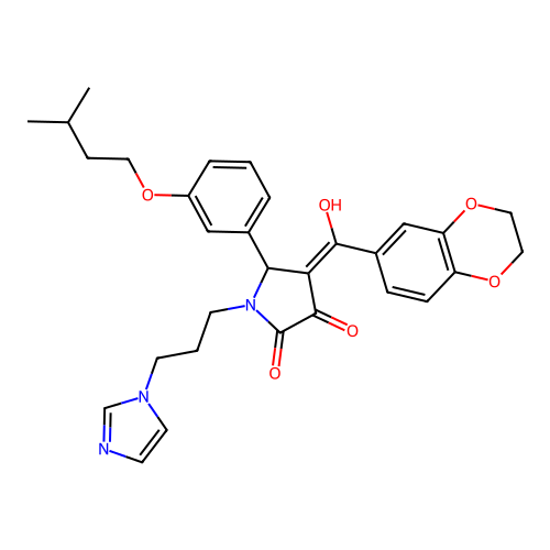 (4E)-4-[2,3-dihydro-1,4-benzodioxin-6-yl(hydroxy)methylidene]-1-(3-imidazol-1-ylpropyl)-5-[3-(3-methylbutoxy)phenyl]pyrrolidine-2,3-dione structure