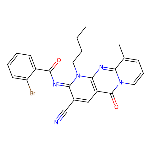 (E)-2-bromo-N-(1-butyl-3-cyano-10-methyl-5-oxo-1H-dipyrido[1,2-a:2',3'-d]pyrimidin-2(5H)-ylidene)benzamide structure