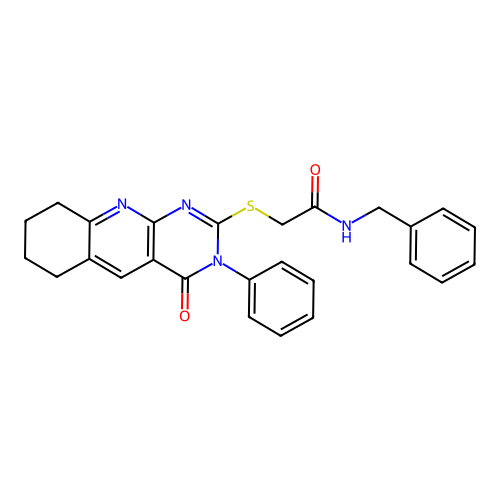 N-benzyl-2-((4-oxo-3-phenyl-3,4,6,7,8,9-hexahydropyrimido[4,5-b]quinolin-2-yl)thio)acetamide structure