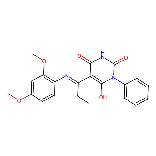 (E)-5-(1-((2,4-dimethoxyphenyl)amino)propylidene)-1-phenylpyrimidine-2,4,6(1H,3H,5H)-trione structure