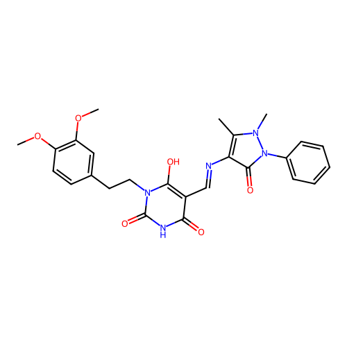 (E)-1-(3,4-dimethoxyphenethyl)-5-(((1,5-dimethyl-3-oxo-2-phenyl-2,3-dihydro-1H-pyrazol-4-yl)amino)methylene)pyrimidine-2,4,6(1H,3H,5H)-trione structure