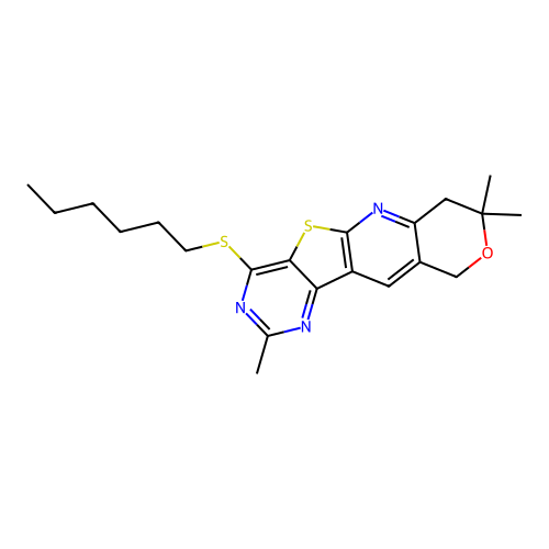 4-(hexylsulfanyl)-2,8,8-trimethyl-7,10-dihydro-8H-pyrano[3'',4'':5',6']pyrido[3',2':4,5]thieno[3,2-d]pyrimidine structure