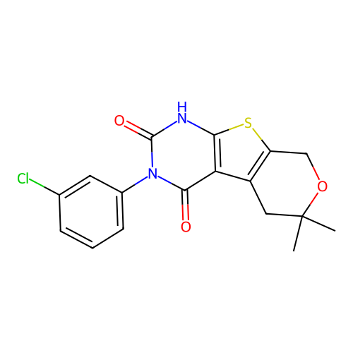 3-(3-chlorophenyl)-6,6-dimethyl-5,6-dihydro-1H-pyrano[4',3':4,5]thieno[2,3-d]pyrimidine-2,4(3H,8H)-dione structure