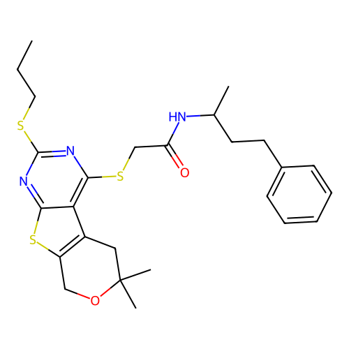 2-((6,6-dimethyl-2-(propylthio)-6,8-dihydro-5H-pyrano[4',3':4,5]thieno[2,3-d]pyrimidin-4-yl)thio)-N-(4-phenylbutan-2-yl)acetamide structure