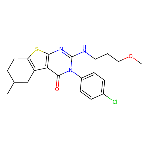 3-(4-chlorophenyl)-2-((3-methoxypropyl)amino)-6-methyl-5,6,7,8-tetrahydrobenzo[4,5]thieno[2,3-d]pyrimidin-4(3H)-one structure