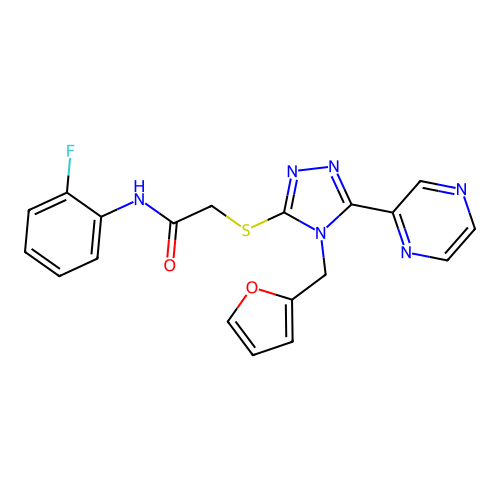 N-(2-fluorophenyl)-2-{[4-(furan-2-ylmethyl)-5-(pyrazin-2-yl)-4H-1,2,4-triazol-3-yl]sulfanyl}acetamide structure