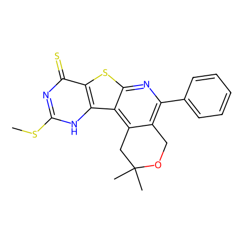 2,2-dimethyl-10-(methylsulfanyl)-5-phenyl-1,4-dihydro-2H-pyrano[4'',3'':4',5']pyrido[3',2':4,5]thieno[3,2-d]pyrimidine-8-thiol structure