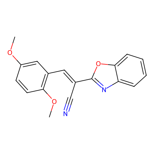 (2E)-2-(1,3-benzoxazol-2-yl)-3-(2,5-dimethoxyphenyl)prop-2-enenitrile structure