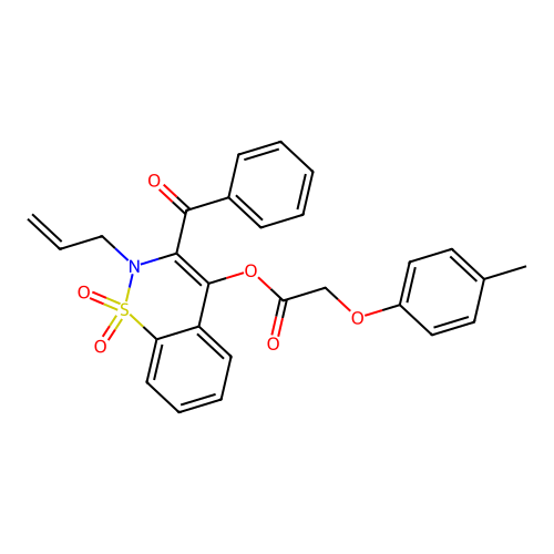 2-allyl-3-benzoyl-1,1-dioxido-2H-1,2-benzothiazin-4-yl (4-methylphenoxy)acetate structure