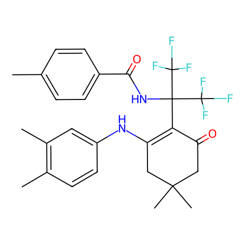 N-(2-(2-((3,4-dimethylphenyl)amino)-4,4-dimethyl-6-oxocyclohex-1-en-1-yl)-1,1,1,3,3,3-hexafluoropropan-2-yl)-4-methylbenzamide structure
