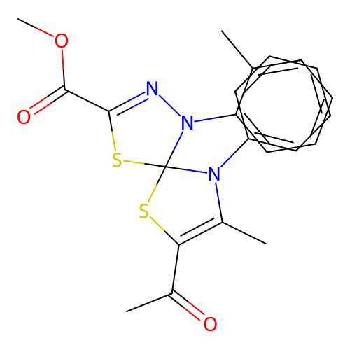 methyl 7-acetyl-8-methyl-1-(2-methylphenyl)-9-phenyl-4,6-dithia-1,2,9-triazaspiro[4.4]nona-2,7-diene-3-carboxylate structure