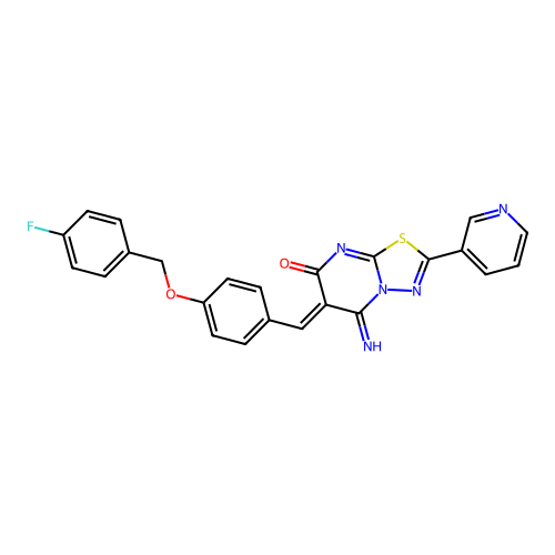 (6Z)-6-[[4-[(4-fluorophenyl)methoxy]phenyl]methylidene]-5-imino-2-pyridin-3-yl-[1,3,4]thiadiazolo[3,2-a]pyrimidin-7-one structure
