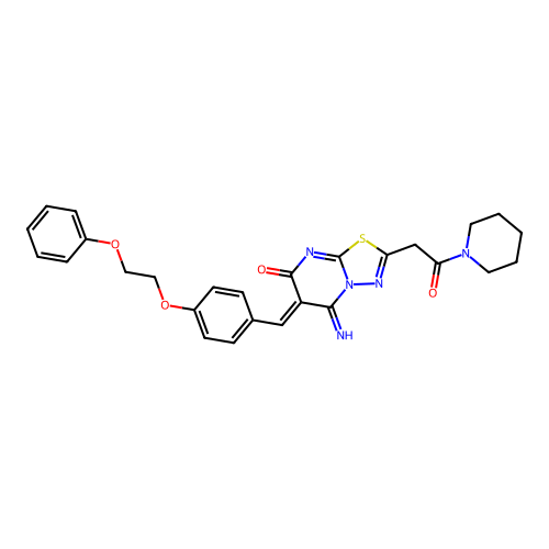 (6Z)-5-imino-2-(2-oxo-2-piperidin-1-ylethyl)-6-[[4-(2-phenoxyethoxy)phenyl]methylidene]-[1,3,4]thiadiazolo[3,2-a]pyrimidin-7-one structure
