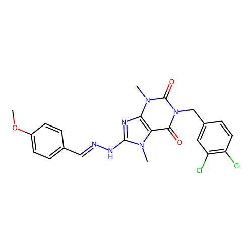 (E)-1-(3,4-dichlorobenzyl)-8-(2-(4-methoxybenzylidene)hydrazinyl)-3,7-dimethyl-1H-purine-2,6(3H,7H)-dione structure