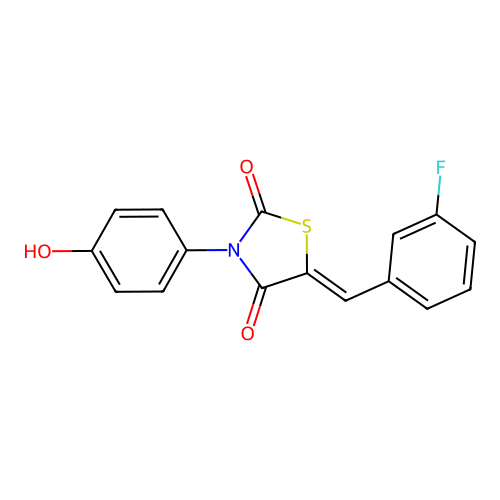 (5Z)-5-(3-fluorobenzylidene)-3-(4-hydroxyphenyl)-1,3-thiazolidine-2,4-dione structure