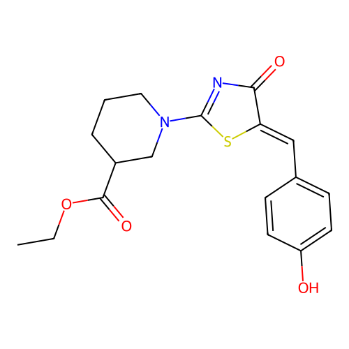 ethyl 1-[(5Z)-5-(4-hydroxybenzylidene)-4-oxo-4,5-dihydro-1,3-thiazol-2-yl]piperidine-3-carboxylate structure