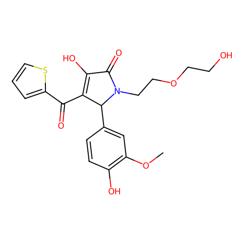 (4E)-1-[2-(2-hydroxyethoxy)ethyl]-5-(4-hydroxy-3-methoxyphenyl)-4-[hydroxy(thiophen-2-yl)methylidene]pyrrolidine-2,3-dione structure