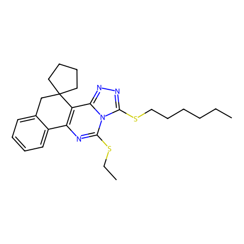 11-(ethylsulfanyl)-1-(hexylsulfanyl)-5H-spiro[benzo[h][1,2,4]triazolo[4,3-c]quinazoline-4,1'-cyclopentane] structure