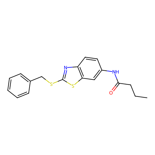 N-[2-(benzylsulfanyl)-1,3-benzothiazol-6-yl]butanamide structure