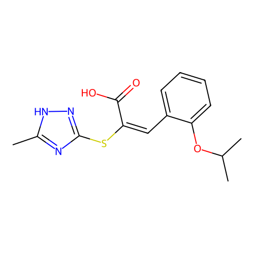 (E)-3-(2-isopropoxyphenyl)-2-((5-methyl-4H-1,2,4-triazol-3-yl)thio)acrylic acid structure