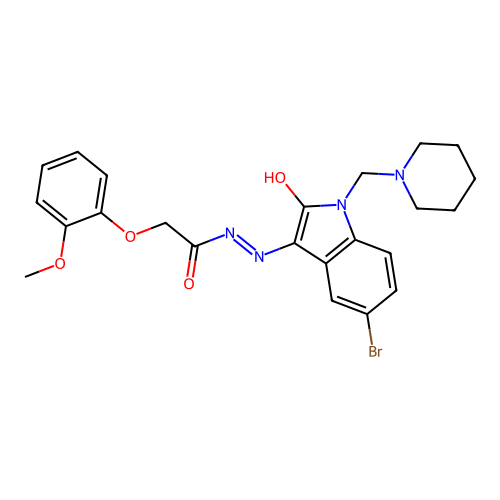 (Z)-N'-(5-bromo-2-oxo-1-(piperidin-1-ylmethyl)indolin-3-ylidene)-2-(2-methoxyphenoxy)acetohydrazide structure