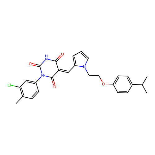 (5E)-1-(3-chloro-4-methylphenyl)-5-[[1-[2-(4-propan-2-ylphenoxy)ethyl]pyrrol-2-yl]methylidene]-1,3-diazinane-2,4,6-trione structure
