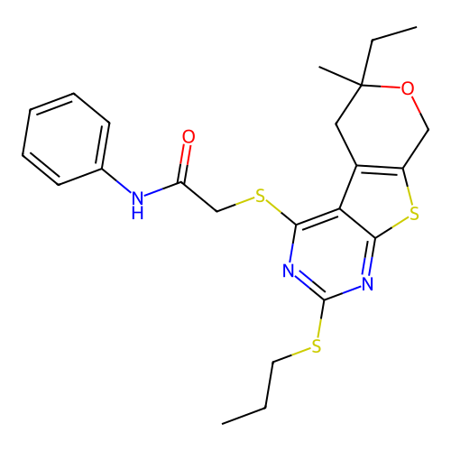 2-((6-ethyl-6-methyl-2-(propylthio)-6,8-dihydro-5H-pyrano[4',3':4,5]thieno[2,3-d]pyrimidin-4-yl)thio)-N-phenylacetamide structure
