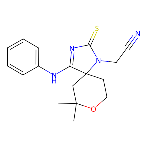 (Z)-2-(7,7-dimethyl-4-(phenylimino)-2-thioxo-8-oxa-1,3-diazaspiro[4.5]decan-1-yl)acetonitrile structure
