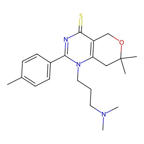 1-(3-(dimethylamino)propyl)-7,7-dimethyl-2-(p-tolyl)-7,8-dihydro-1H-pyrano[4,3-d]pyrimidine-4(5H)-thione structure