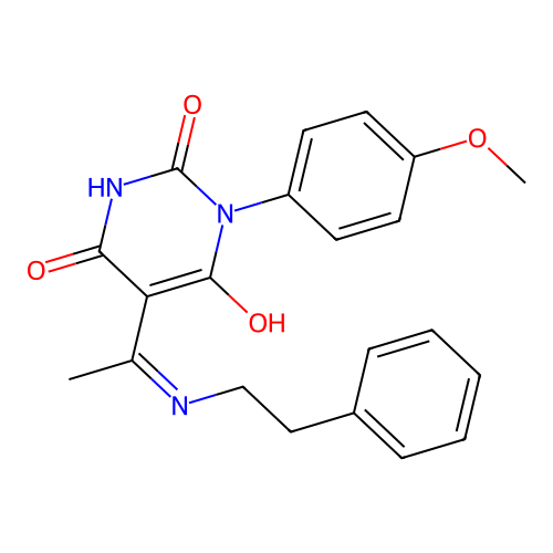 (Z)-1-(4-methoxyphenyl)-5-(1-(phenethylamino)ethylidene)pyrimidine-2,4,6(1H,3H,5H)-trione structure