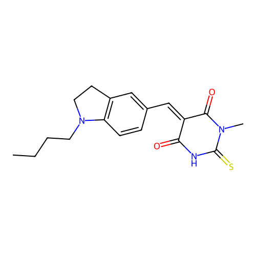 (5E)-5-[(1-butyl-2,3-dihydro-1H-indol-5-yl)methylidene]-1-methyl-2-sulfanylpyrimidine-4,6(1H,5H)-dione structure