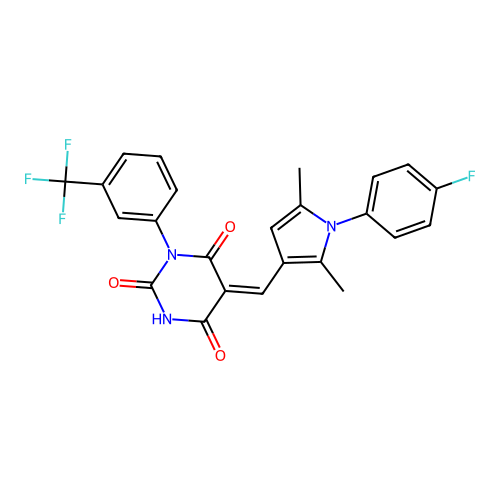 (5Z)-5-[[1-(4-fluorophenyl)-2,5-dimethylpyrrol-3-yl]methylidene]-1-[3-(trifluoromethyl)phenyl]-1,3-diazinane-2,4,6-trione structure