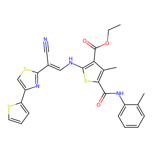 (E)-ethyl 2-((2-cyano-2-(4-(thiophen-2-yl)thiazol-2-yl)vinyl)amino)-4-methyl-5-(o-tolylcarbamoyl)thiophene-3-carboxylate structure