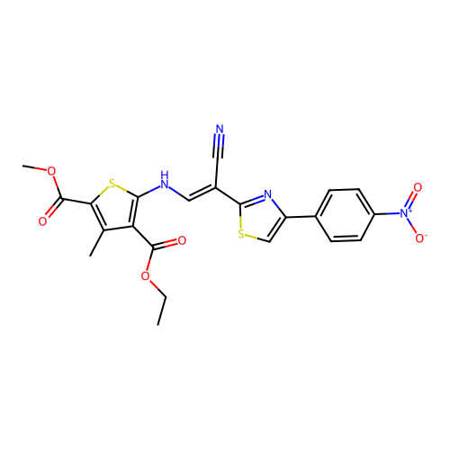 (E)-4-ethyl 2-methyl 5-((2-cyano-2-(4-(4-nitrophenyl)thiazol-2-yl)vinyl)amino)-3-methylthiophene-2,4-dicarboxylate structure
