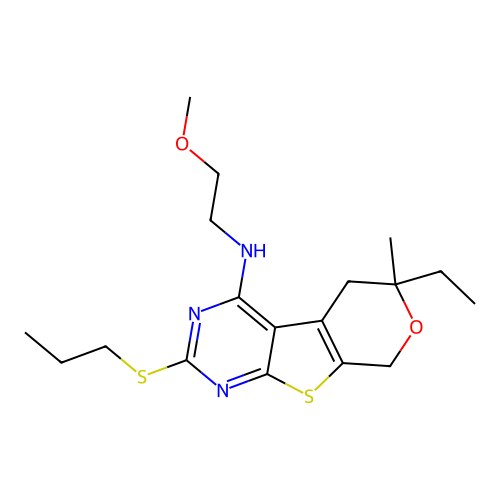 6-ethyl-N-(2-methoxyethyl)-6-methyl-2-(propylsulfanyl)-5,8-dihydro-6H-pyrano[4',3':4,5]thieno[2,3-d]pyrimidin-4-amine structure