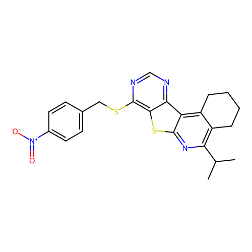 5-isopropyl-8-((4-nitrobenzyl)thio)-1,2,3,4-tetrahydropyrimido[4',5':4,5]thieno[2,3-c]isoquinoline structure