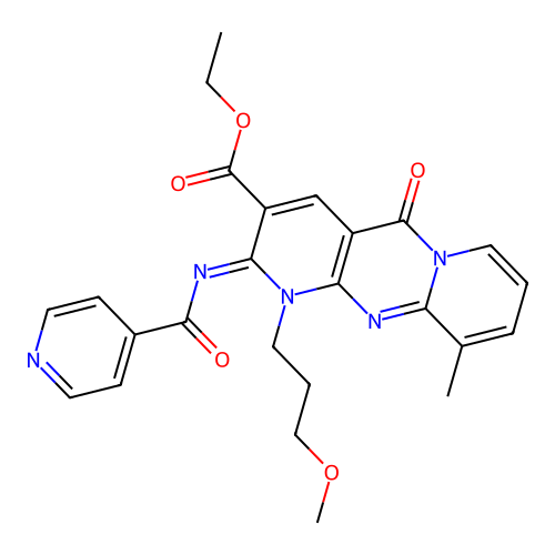 (Z)-ethyl 2-(isonicotinoylimino)-1-(3-methoxypropyl)-10-methyl-5-oxo-2,5-dihydro-1H-dipyrido[1,2-a:2',3'-d]pyrimidine-3-carboxylate structure