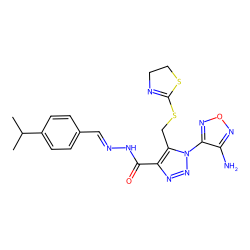 (E)-1-(4-amino-1,2,5-oxadiazol-3-yl)-5-(((4,5-dihydrothiazol-2-yl)thio)methyl)-N'-(4-isopropylbenzylidene)-1H-1,2,3-triazole-4-carbohydrazide structure