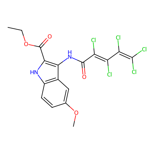 (E)-ethyl 5-methoxy-3-(2,3,4,5,5-pentachloropenta-2,4-dienamido)-1H-indole-2-carboxylate structure