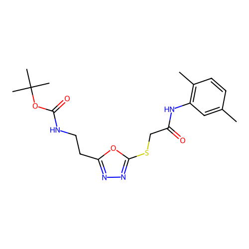 (2-{5-[(2,5-Dimethyl-phenylcarbamoyl)-methylsulfanyl]-[1,3,4]oxadiazol-2-yl}-ethyl)-carbamic acid  tert-butyl ester structure