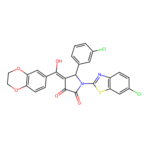 (4E)-1-(6-chloro-1,3-benzothiazol-2-yl)-5-(3-chlorophenyl)-4-[2,3-dihydro-1,4-benzodioxin-6-yl(hydroxy)methylidene]pyrrolidine-2,3-dione structure