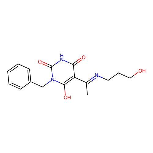 (E)-1-benzyl-5-(1-((3-hydroxypropyl)amino)ethylidene)pyrimidine-2,4,6(1H,3H,5H)-trione structure