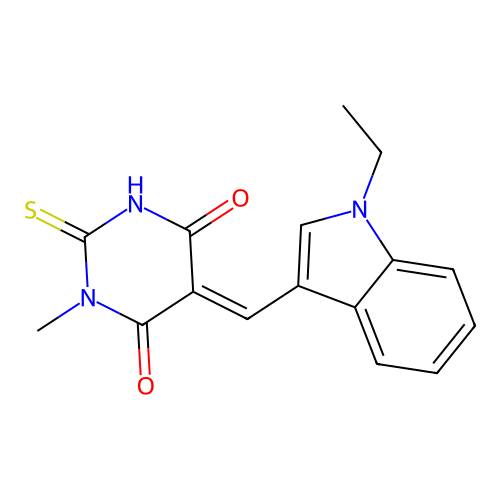 (5E)-5-[(1-ethylindol-3-yl)methylidene]-1-methyl-2-sulfanylidene-1,3-diazinane-4,6-dione structure