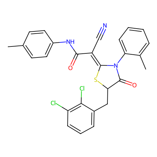 (2Z)-2-cyano-2-[5-(2,3-dichlorobenzyl)-3-(2-methylphenyl)-4-oxo-1,3-thiazolidin-2-ylidene]-N-(4-methylphenyl)ethanamide structure