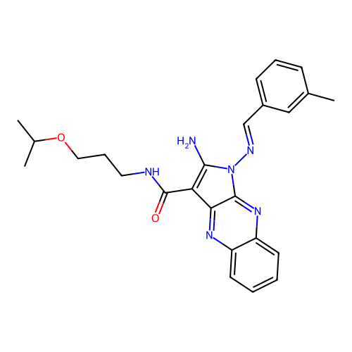 (E)-2-amino-N-(3-isopropoxypropyl)-1-((3-methylbenzylidene)amino)-1H-pyrrolo[2,3-b]quinoxaline-3-carboxamide structure