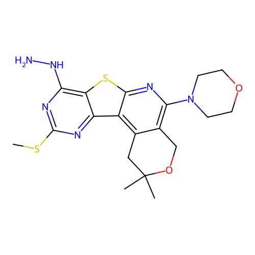 8-hydrazinyl-2,2-dimethyl-10-(methylsulfanyl)-5-(morpholin-4-yl)-1,4-dihydro-2H-pyrano[4'',3'':4',5']pyrido[3',2':4,5]thieno[3,2-d]pyrimidine structure