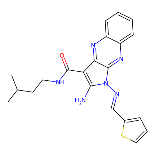 (E)-2-amino-N-isopentyl-1-((thiophen-2-ylmethylene)amino)-1H-pyrrolo[2,3-b]quinoxaline-3-carboxamide structure