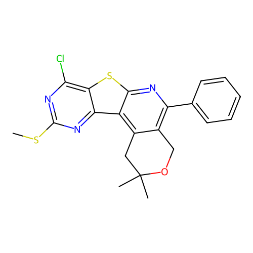 8-chloro-2,2-dimethyl-10-(methylsulfanyl)-5-phenyl-1,4-dihydro-2H-pyrano[4'',3'':4',5']pyrido[3',2':4,5]thieno[3,2-d]pyrimidine structure